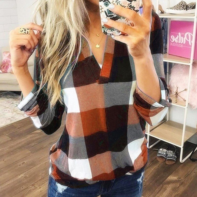 Women's Clothing New Spring And Autumn Shirt Plaid Print V Neck Long Sleeved Top T Shirt_ecoleips.com