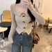 American Retro Style Sexy Pleated Square-neck Bow Irregular Long-sleeve T-shirt For Women, Autumn Chic And Sophisticated_ecoleips.com