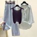 Women’s Clothing Large Size 200 Pounds Fat Girl Summer Suit Female Striped Shirt Small Suspenders Slim Jeans Three Piece Suit_ecoleips.com
