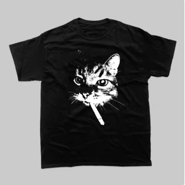 New Street Smoking Cat Retro Printed Crewneck T-shirt Women Fashion Short Sleeves Funny Cat Meme Tops Women Clothing_ecoleips.com