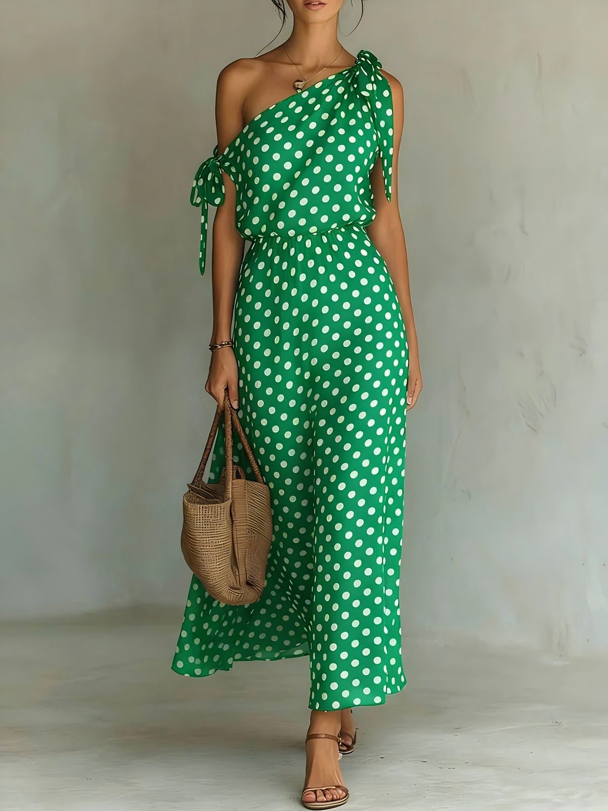 Elegant Off-Shoulder Polka Dot Dress – Flowy Sleeveless Maxi Dress With 3d Print & Elastic Waist – Women's Summer Beach To Party Dress_ecoleips.com