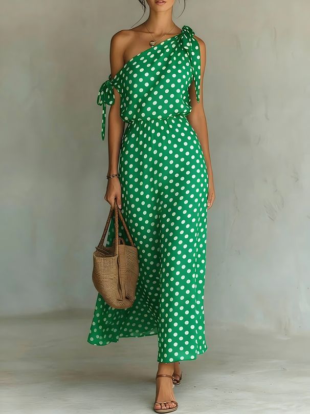 Elegant Off-Shoulder Polka Dot Dress – Flowy Sleeveless Maxi Dress With 3d Print & Elastic Waist – Women's Summer Beach To Party Dress_ecoleips.com