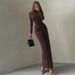 Women's Clothing Elegant Ruched Bodycon Dress – Long Sleeve, Round Neck, Fall/Winter Essential (S-L, Brown/Pink/Lavender)_ecoleips.com