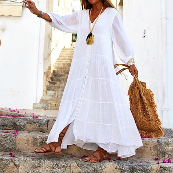 In Stock 2025 Cross-Border Women's Summer Autumn Bohemian Solid Color V-Neck Loose Long Sleeve Bamboo Fiber Dress_ecoleips.com