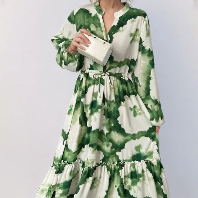 Spring 2026 Women's Fashion Slim Waist V Neck Dress Color Block Print European American Style Foreign Trade Casual Elegant_ecoleips.com