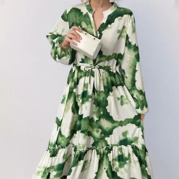 Spring 2026 Women's Fashion Slim Waist V Neck Dress Color Block Print European American Style Foreign Trade Casual Elegant_ecoleips.com