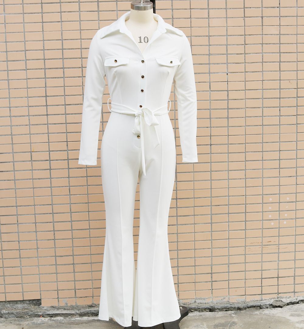 K Long Sleeved Shirt With Collar And Mid Waist, Stylish Commuter Jumpsuit Pants_ecoleips.com