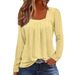 Women's Clothing Fashion Casual Square Neck Wrinkled Long Sleeved T Shirt_ecoleips.com