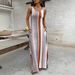 Summer Women's Striped Print U Neck Sleeveless Vest Long Dress_ecoleips.com