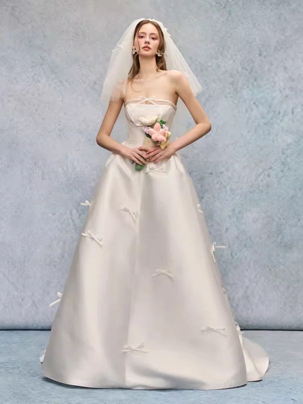 Women's Clothing Light Wedding Dress Bride New High Grade Satin Bow Forest Style Out Of The Door Yarn Welcome Dress_ecoleips.com