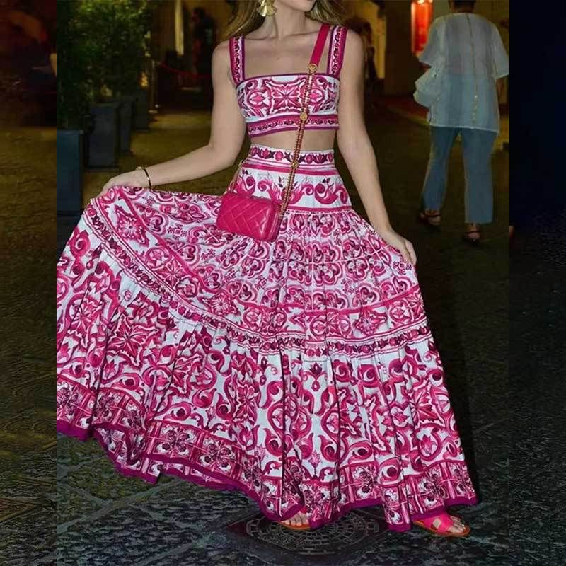 Women's Elegant Two-Piece Print Skirt Set A-Line Ankle-Length Swing Suit Casual Summer Fashion Polyester_ecoleips.com