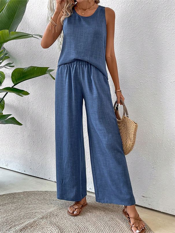 Aria Basics Cross-border Women's Clothing Spring/summer Solid Color Hollow Lace Two-piece Set Casual Tank Top Wide-leg Pants_ecoleips.com