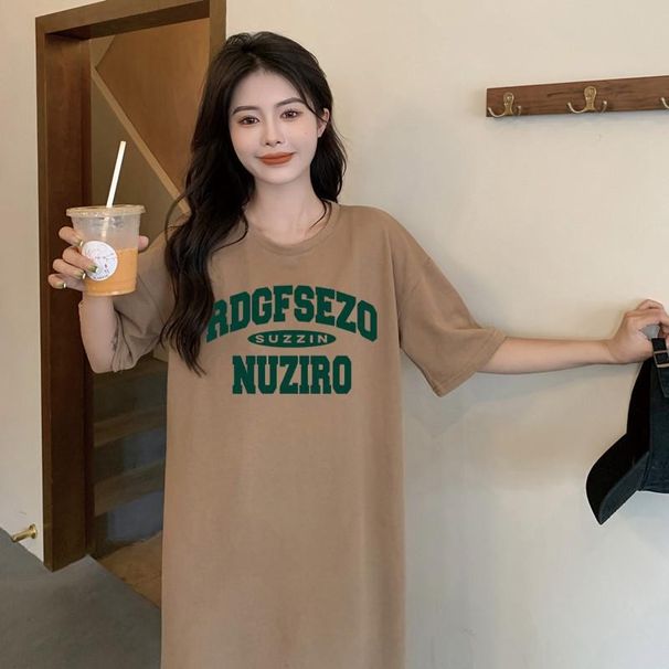 Popular Simple English Printed Short-sleeved Women Maternity Dress Summer Loose Round Neck Home Wear_ecoleips.com