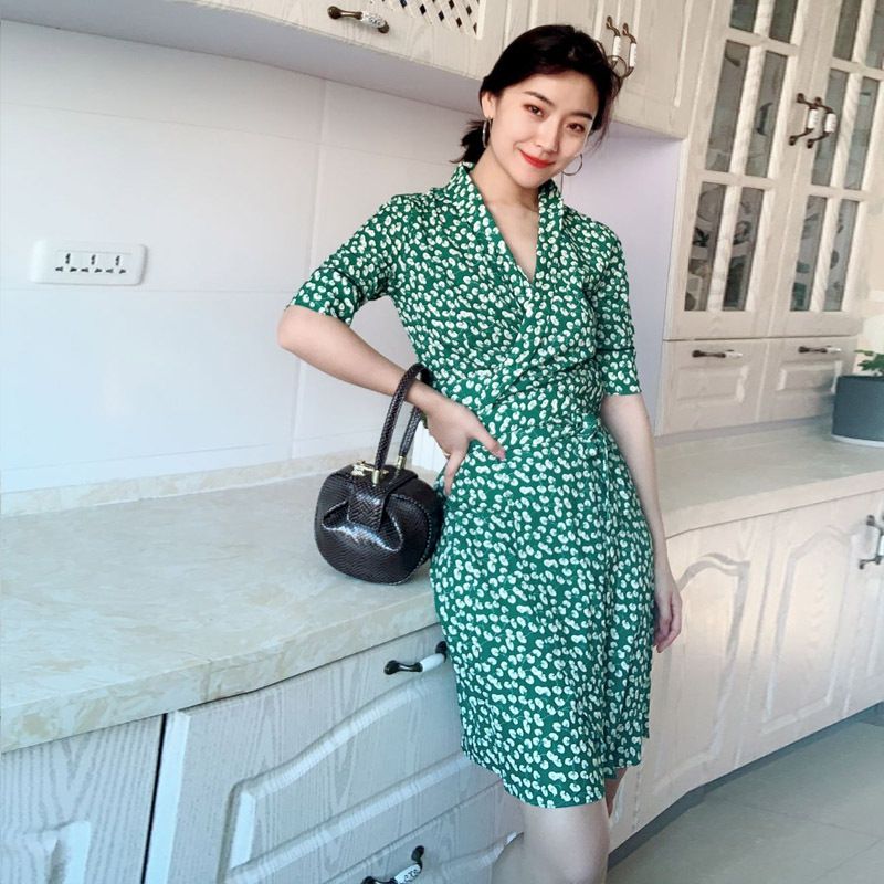 2021 Summer New For Women, V-neck Slim Fit Floral Short Sleeve Mid-length Wrap Long Dress_ecoleips.com