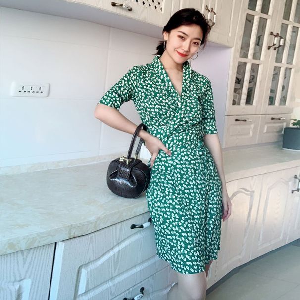 2021 Summer New For Women, V-neck Slim Fit Floral Short Sleeve Mid-length Wrap Long Dress_ecoleips.com
