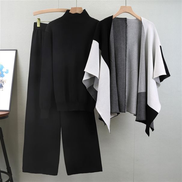 Women's Clothing Fashion Knitted Color Matching Shawl Wide Leg Pants Temperament Fashionable Three Piece Suit_ecoleips.com