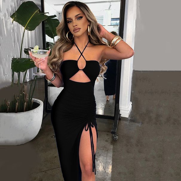 Women's Clothing Halter Neck Long Skirt Sexy Backless Slit Drawstring Slim Dress_ecoleips.com
