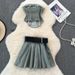 Women's Clothing Retro Denim Suit Feminine Hottie Top Anti Exposure A Line Hottie Pleated Skirt Two Piece Suit_ecoleips.com