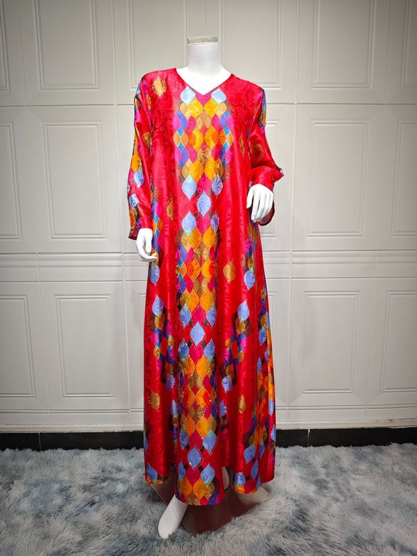 Verve AB396 Muslim Printed Rhinestone V-neck Elegant Sleeve Women's Long Dress Robe_ecoleips.com