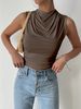 Women's Casual Pleated Design Top Summer Fashion Street Style Solid Color Slim Half High Neck Sleeveless T-Shirt Top_ecoleips.com