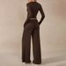 Voya Lazy Style Two-piece Brown Long Sleeved Short Cut Crop Top, Wide Leg Casual Pants, Fashionable And Comfortable Suit For Women_ecoleips.com