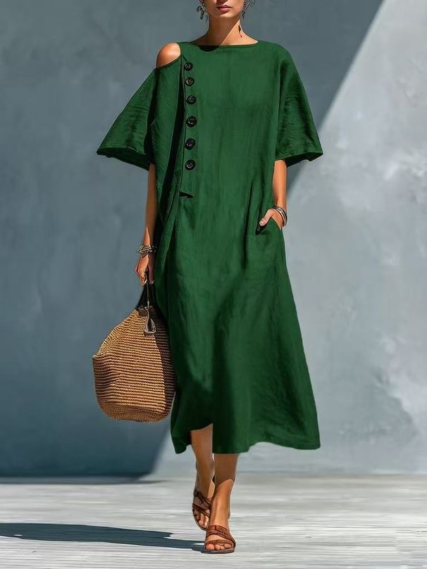 Women's Clothing Solid Color Linen Round Neck Short Sleeved Slimming Retro Casual Midi Dress For Women Plus Size_ecoleips.com