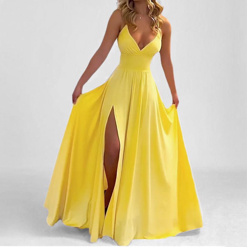 Fashion Solid Color Sexy Slim Fit Elegant Temperament High Waist Slit Dress For Women Formal Party Evening_ecoleips.com