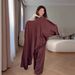 Set High End Design Loose Fitting Shawl Top Two Solid Color Satin Wide Leg Pants Women's Clothing_ecoleips.com