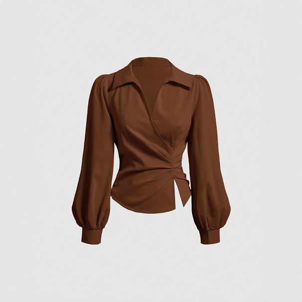 Spring Fashion Women's Slim Fit Long Sleeve Shirt – Asymmetrical Waist Tie & Layered Collar Design (Brown, S-Xxl)_ecoleips.com