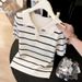 Elegant Women's Ice Silk Knit Top French Striped Collared Short Sleeved T-Shirt New Summer Style Beautiful And Youthful_ecoleips.com