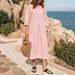 Women's Cotton Linen V Neck Button Up Dress Solid Color Three Quarter Sleeve Mid Length Spring Summer New Europe America_ecoleips.com