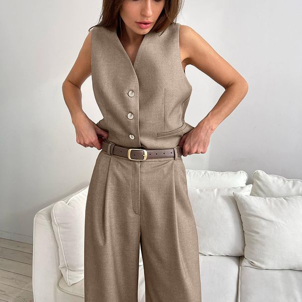 Women Minimalist Style Two Piece Suit European Workplace Commuting Sleeveless V Neck Vest Suit Trousers Suit_ecoleips.com