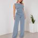 Women's Clothing Women's Casual Two-Piece Set - Sleeveless Round Neck Top With Straight Waist Pants - Elegant & Comfortable (Coffee, Peacock Blue)_ecoleips.com