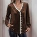 Elegant Vintage Velvet Blouse With V-Neck & Lace Trim - Fall/Winter Boho Chic Shirt For Women, Loose Fit With Puff Sleeves (Brown, S/M/L/Xl)_ecoleips.com