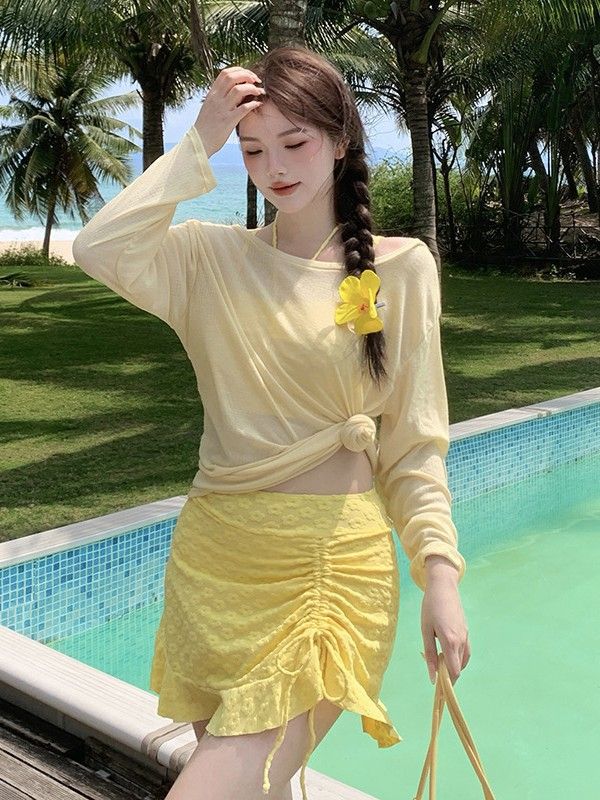 Women's plus Size Three Piece Swimsuit Set Slimming Cover up Dress Style Yellow Sun Protection Beach Hot Spring Swimwear_ecoleips.com