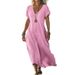 European And American Loose Solid Color V-neck Cotton And Linen Women's Dress_ecoleips.com