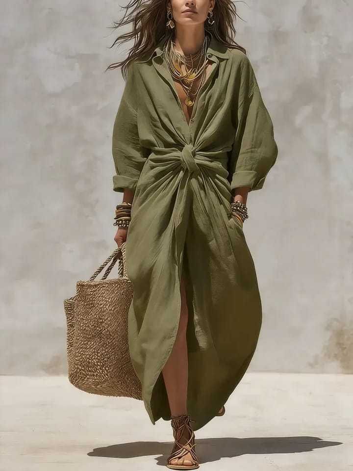 Women's Solid Color Shirt Collar Button Front Casual Dress With Pockets, 3/4 Sleeve Open Front Cardigan Midi Dress For Everyday Wear_ecoleips.com