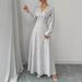 Women's Clothing Printed Long Sleeved Elegant V Neck Long Skirt Waist Slimming Dress_ecoleips.com
