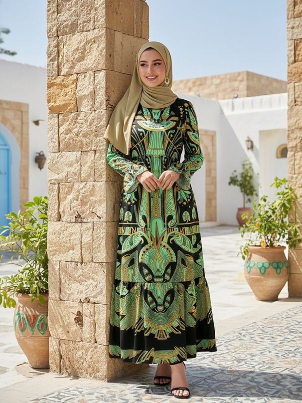 Elegant Dubai Abaya Dress With Floral Print - Modest Muslim Long Dress For Women, Loose Fit, Flared Sleeves (Green, S/M/L/XL)_ecoleips.com