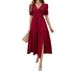 Spring Summer Women Elegant Solid Color V Neck Short Sleeve Big Swing Flared Long Maxi Dress_ecoleips.com