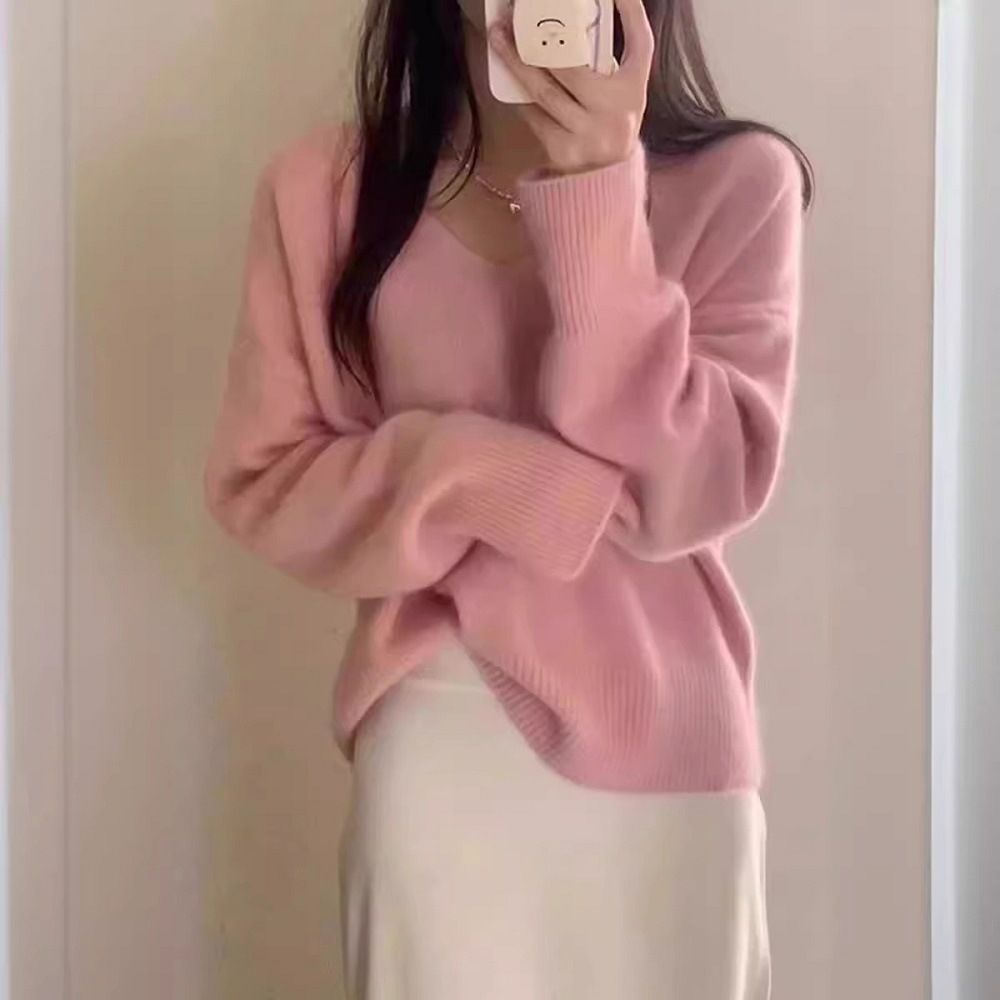 Women's Soft V-Neck Knit Sweater - Oversized Comfort Cable Knit Pullover, Cozy Loose Fit Casual Top For Autumn Winter_ecoleips.com