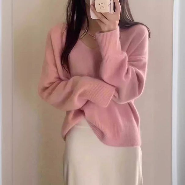 Women's Soft V-Neck Knit Sweater - Oversized Comfort Cable Knit Pullover, Cozy Loose Fit Casual Top For Autumn Winter_ecoleips.com
