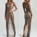 Women's Clothing Sexy Hot Diamond Blouse Mesh Long Sleeve Slit Dress_ecoleips.com