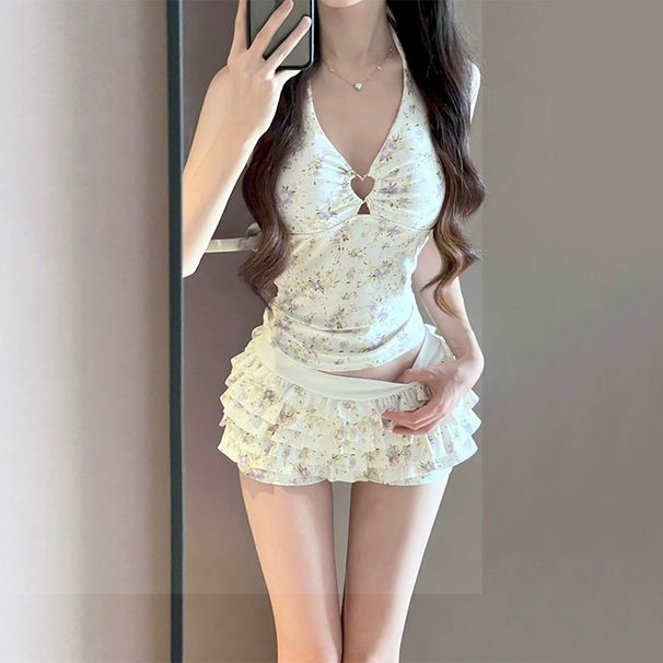 Women's Floral Print Two Piece Swimsuit High Waist Tummy Control Cute Girly Innocent Style Conservative Cake Skirt Design New_ecoleips.com