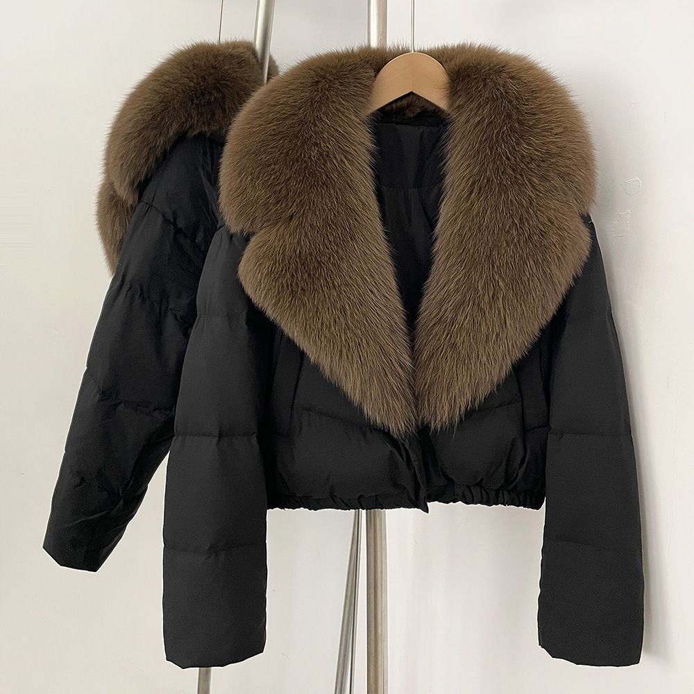 Elegant Short Down Jacket With Fox Fur Trim – Slim-Fit Winter Coat For Women, Detachable Hood & High-End Styling (Black/Brown Options, S/M Sizes)_ecoleips.com