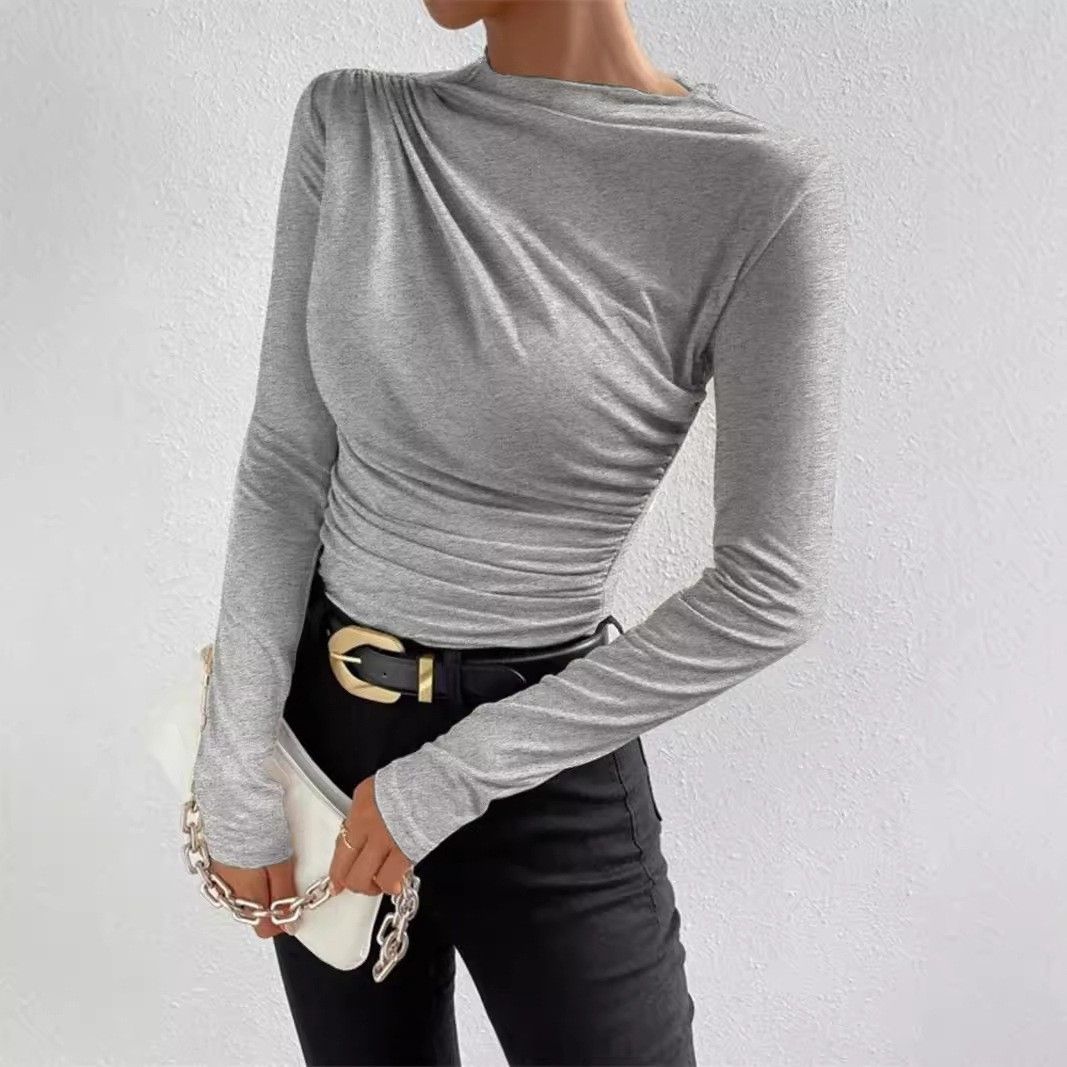 Women's Slim Fit Long Sleeve T-Shirt Versatile Pleated Chic High-Neck Design Solid Color American Style Top_ecoleips.com