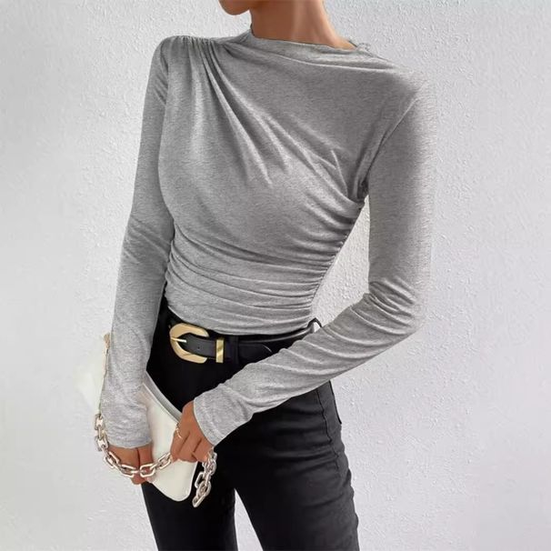 Women's Slim Fit Long Sleeve T-Shirt Versatile Pleated Chic High-Neck Design Solid Color American Style Top_ecoleips.com