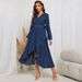 Plus Size Denim Maxi Dress With V-Neck & Tie-Waist, Long Sleeve Bodycon Dress With Asymmetrical Hem For Women_ecoleips.com