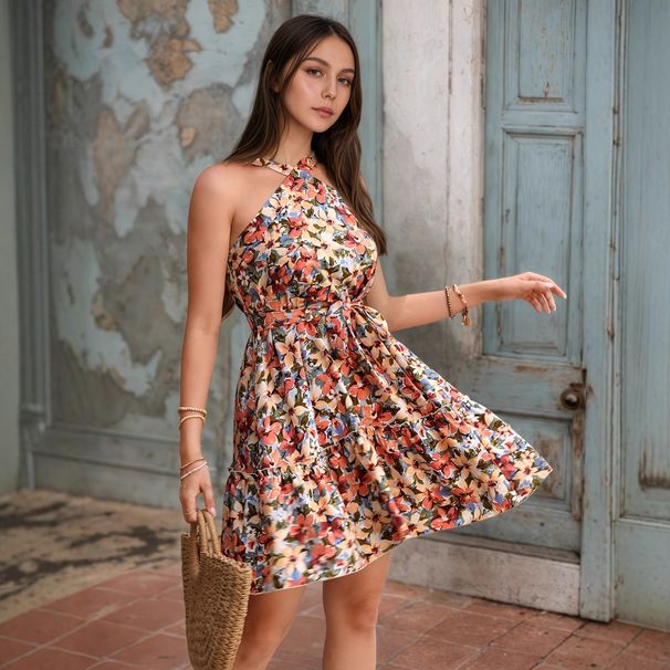 European And American Women's Neck Hanging Cross Shoulder Strap Dress, Holiday Storm, West Asian Floral Print Pleated Chest Wrapped Dress_ecoleips.com
