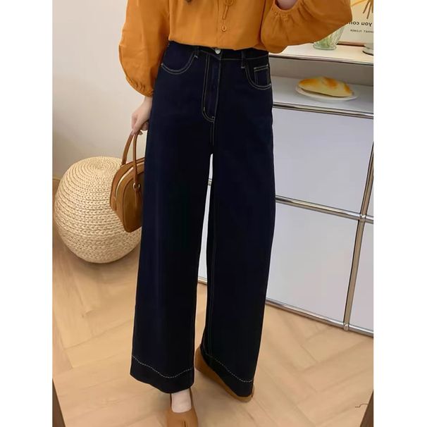 New Style Dark Blue Petite Women's Jeans Plus Size Slimming Loose Fit Cropped Wide Leg Pants Pear Shaped Figure_ecoleips.com